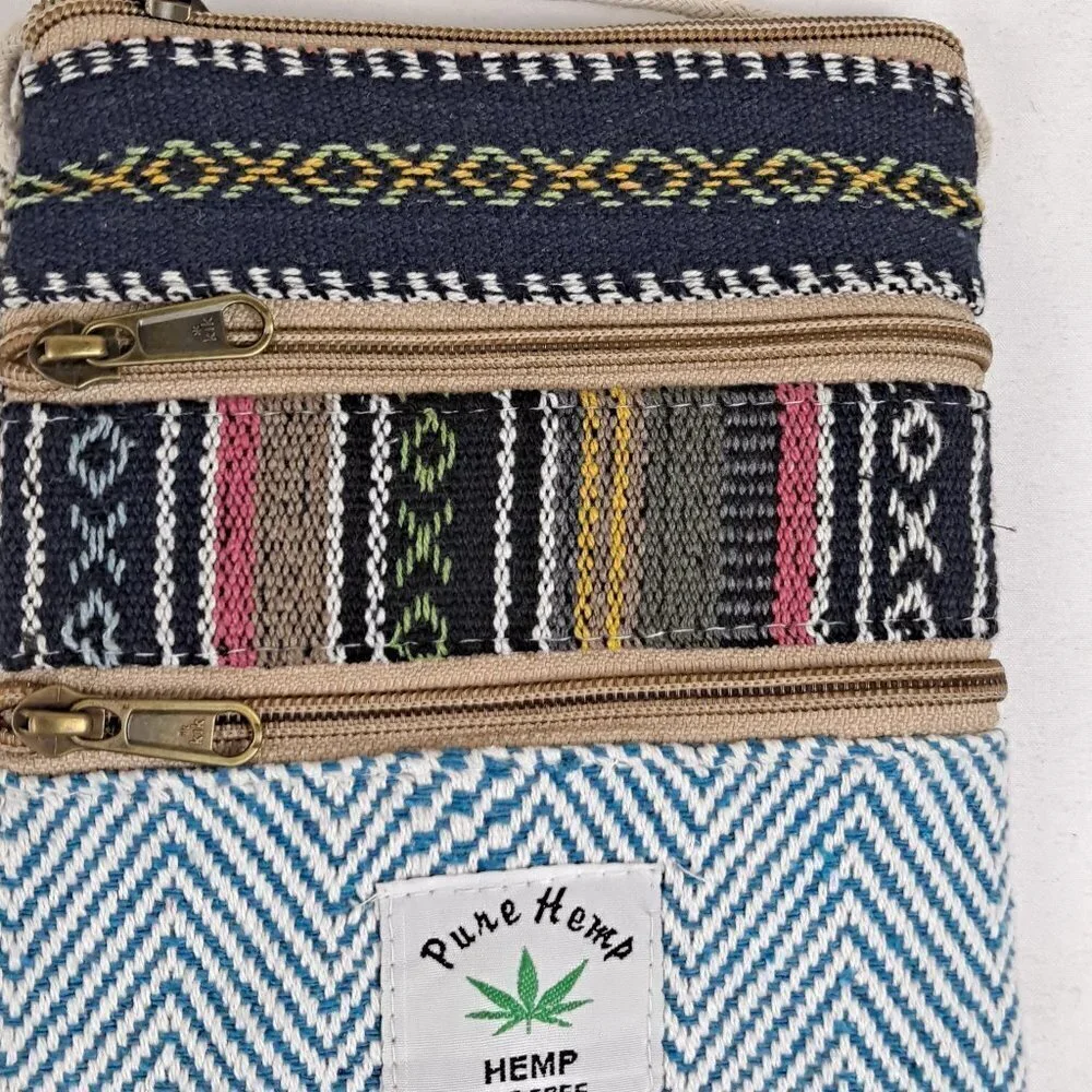 Handmade Pure Hemp Multi Zipper Pocket Crossbody Bag Striped Geometric Chevron